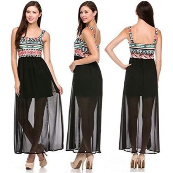 Finesse Dresses & Skirts - Finesse Aztec Print Maxi Dress XS S Boho Geometric Tribal Sheer Chiffon Festival